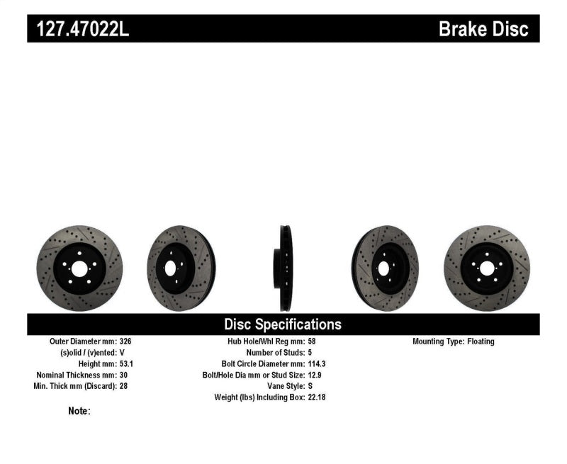 StopTech 05-10 Subaru Impreza WRX/STi Slotted & Drilled Left Front Rotor Main image