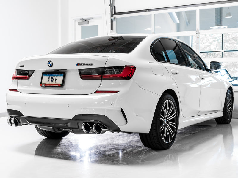 AWE Tuning 2019+ BMW M340i (G20) Resonated Touring Edition Exhaust - Quad Chrome Silver Tips (view 2)