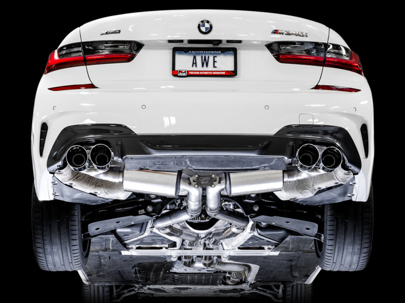 AWE Tuning 2019+ BMW M340i (G20) Resonated Touring Edition Exhaust - Quad Chrome Silver Tips (view 3)
