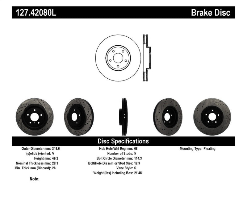 StopTech 06-07 350Z / 05-07 G35 exp Sport/ 06-07 G35X SportStop Slotted & Drilled Front Left Rotor Main image