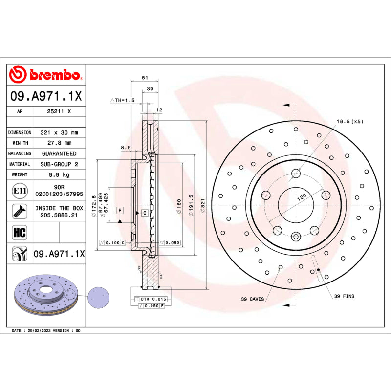 Brembo OE 10-15 Chevrolet Camaro/10-17 Equinox/14-20 Impala Drilled Xtra Brake Disc - Front Main image