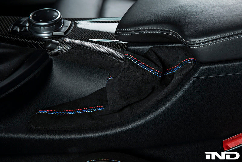 IND F8X M3 / M4 Matte Carbon + Alcantara Parking Brake Handle with Boot - Straight Stitch Secondary image