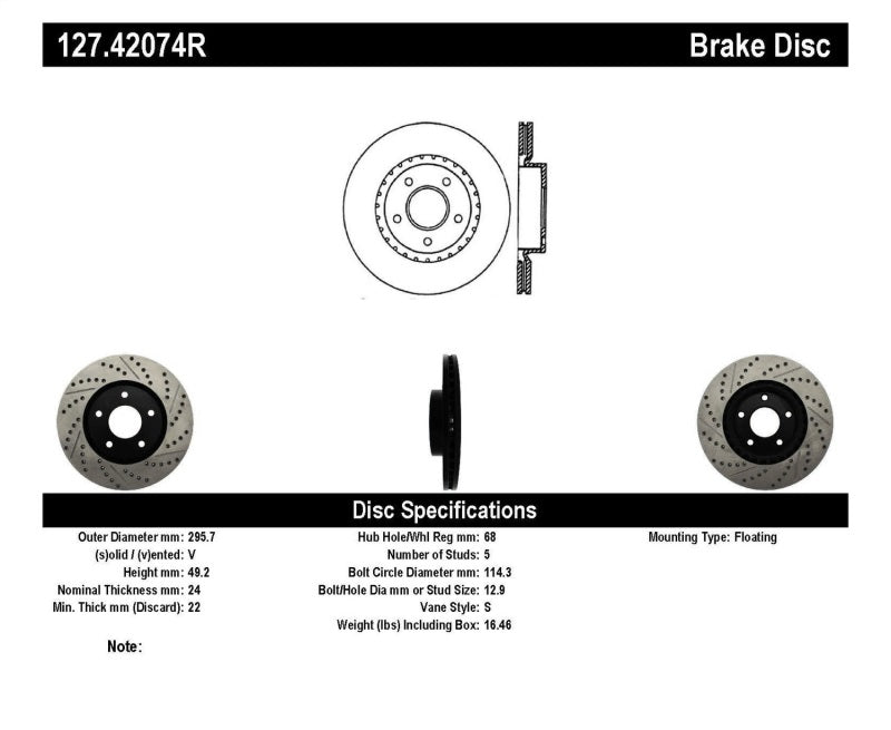 StopTech 1/02-05 Infiniti G35 (alloy disc) / 6/02-05 Nissan 350Z Slotted & Drilled Right Front Rotor Main image