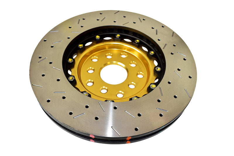 DBA 04-07 STi/2017 BRZ w/Perf. Pkg. 10 Hole Front Drilled/Slotted 5000 Series 2 Pc Rotor w/Gold Hat (view 2)