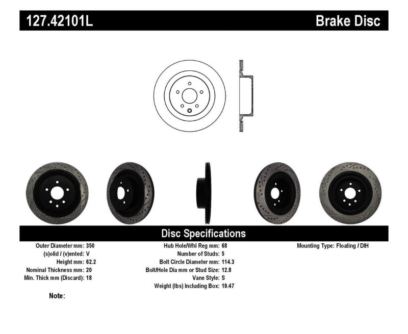 StopTech Infiniti G37 / Nissan 370Z SportStop Slotted & Drilled Rear Left Rotor Main image