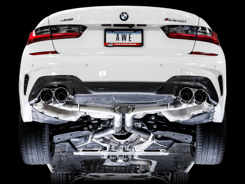 AWE Tuning 2019+ BMW M340i (G20) Track Edition Exhaust - Quad Chrome Silver Tips (view 3)