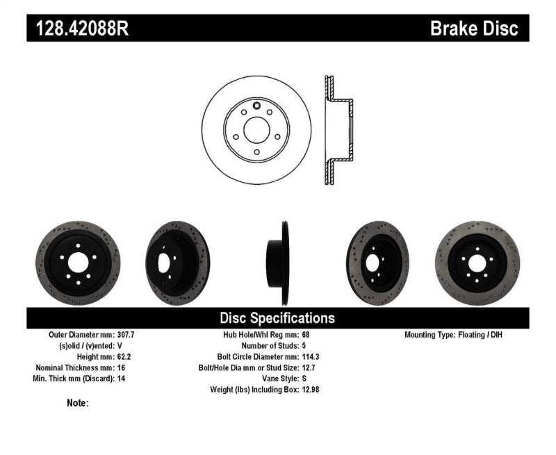 StopTech 08-09 Infiniti EX35 / 05-08 G35 / 09 G37 / 06-09 M35/M45 Drilled Right Rear Rotor (view 4)