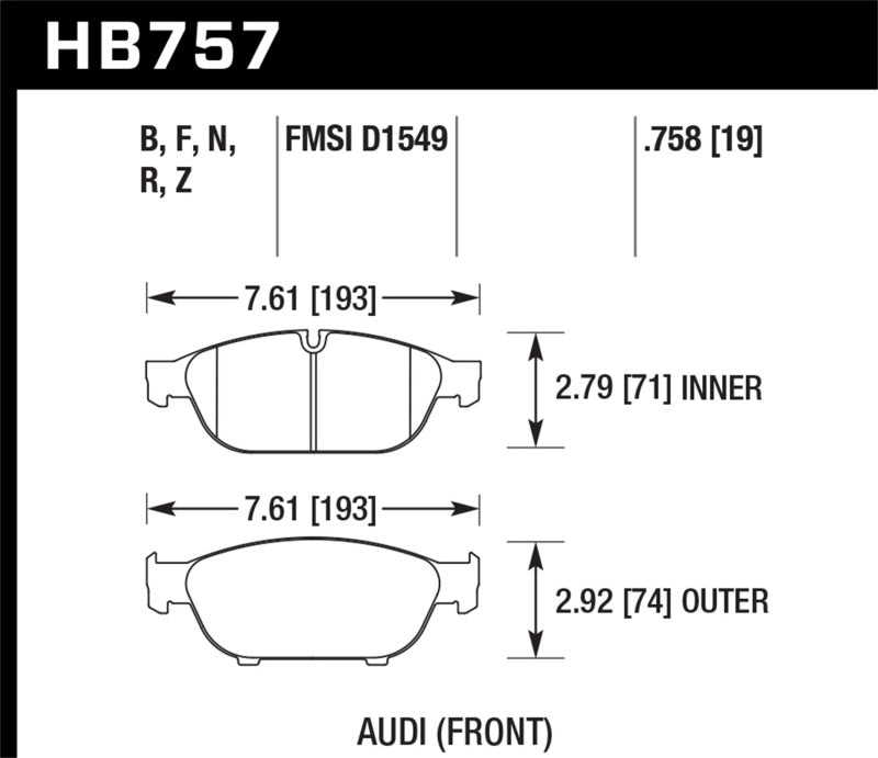 Hawk Audi 2013 A5 Quattro / 12-16 A6 Quattro/A7 Quattro/A8 Quattro PC Front Brake Pads (view 2)
