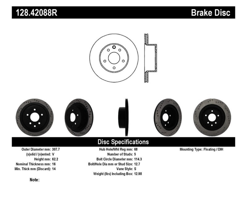 StopTech 08-09 Infiniti EX35 / 05-08 G35 / 09 G37 / 06-09 M35/M45 Drilled Right Rear Rotor (view 12)