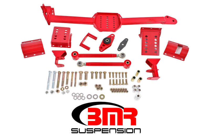 BMR 05-14 S197 Mustang Body Mount Watts Link Rod End/Poly w/ Adj. Axle Clamps - Red Main image