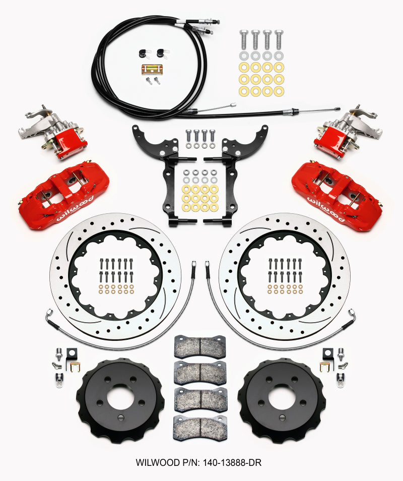 Wilwood AERO4 / MC4 Rear Kit 14.00 Drilled Red 15-23 Mustang w/Lines & Cables Main image