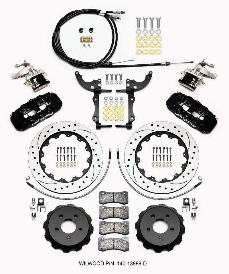 Wilwood AERO4 / MC4 Rear Kit 14.00 Drilled 15-23 Mustang w/Lines & Cables Main image