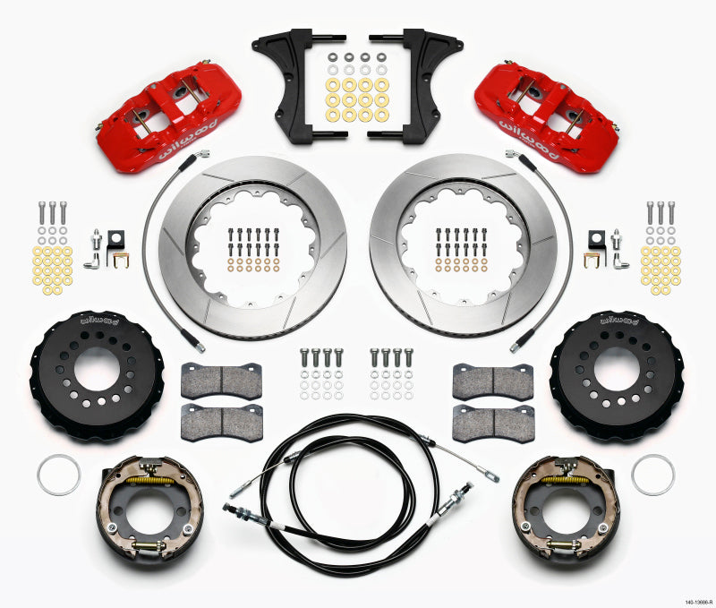 Wilwood AERO4 Rear Kit 14.00 Red 2005-2014 Mustang w/ BMR Suspn. w/Lines Main image