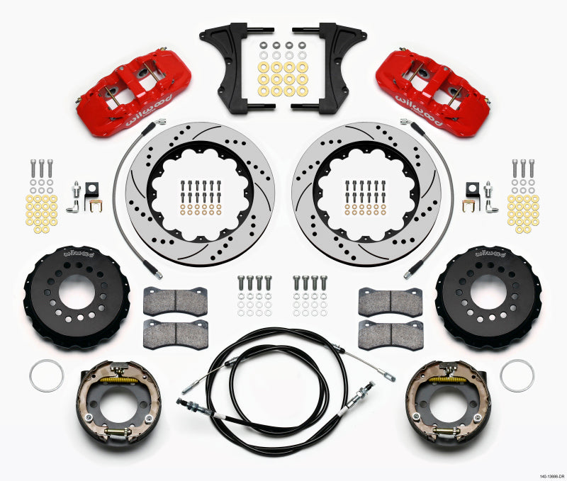 Wilwood AERO4 Rear Kit 14.00 Drilled Red 2005-2014 Mustang w/ BMR Suspn. w/Lines Main image
